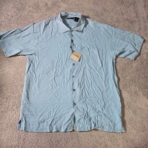 Anthology Mens L Shirt Short Sleeve Blue 100% Washable Silk Textured Button Down